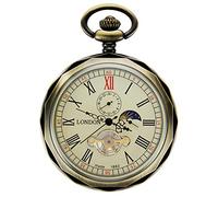 Treeweto - reloj de bolsillo para hombre, con números romanos de bronce, maquinaria al descubierto con cadena, formato 24 horas sol y luna + caja de regalo