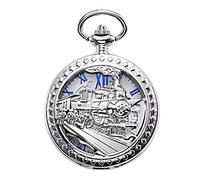 TREEWETO Reloj de bolsillo para hombre, diseño de esqueleto, carcasa de bronce hueco, 3D, números romanos, Silver055, Mecánico