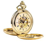 Treeweto - Reloj de bolsillo para hombre, diseño de esqueleto con números romanos y cadena, color dorado