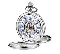 TREEWETO Reloj de bolsillo para hombre y mujer, diseño de esqueleto Steampunk, mecánico, color plateado