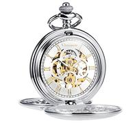 TREEWETO Reloj de Bolsillo Retro Liso clásico mecánico de Cuerda Manual Steampunk números Romanos Reloj de Bolsillo para Hombre Mujer con Caja de Cadena, Plateado