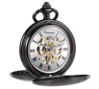 TREEWETO Reloj de Bolsillo Retro Liso clásico mecánico de Cuerda Manual Steampunk números Romanos Reloj de Bolsillo para Hombre Mujer con Caja de Cadena, 4. Negro y Azul, 4. Negro y Azul