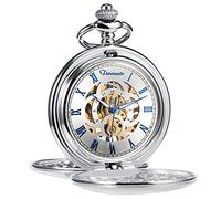 TREEWETO Reloj de Bolsillo Retro Liso clásico mecánico de Cuerda Manual Steampunk números Romanos Reloj de Bolsillo para Hombre Mujer con Caja de Cadena, 3. Plata y Azul, Clásico