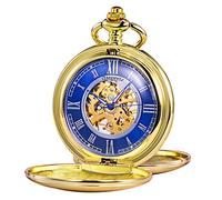 TREEWETO Reloj de bolsillo - Serie de doble caja suave esqueleto esfera azul movimiento mecánico con cadena, plata/dorado, dorado, Clásico