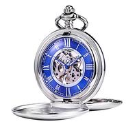 TREEWETO Reloj de bolsillo - Serie lisa doble esqueleto esfera azul movimiento mecánico con cadena, plata/oro, plateado, Clásico