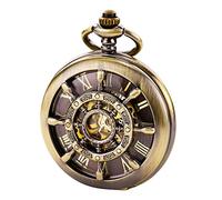 TREEWETO Reloj de bolsillo unisex con cadena, analógico, mecánico, cuerda manual, doble bisagra, con diseño de timón, reloj esqueleto, bronce