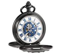 TREEWETO Reloj de bolsillo unisex con cadena, analógico, mecánico, cuerda manual, doble bisagra, con diseño de timón, reloj esqueleto para hombre, negro