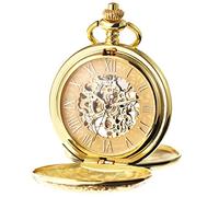 TREEWETO Reloj de bolsillo unisex con cadena, cuerda manual mecánica, doble bisagra, esqueleto antiguo, números romanos, dorado
