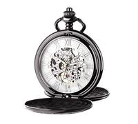 TREEWETO Reloj de bolsillo unisex con cadena, cuerda manual mecánica, doble bisagra, esqueleto antiguo, números romanos, blanco y negro