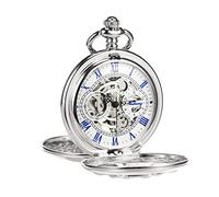 TREEWETO Reloj de Bolsillo Vintage Timón Hueco Mecánico Steampunk Esqueleto Números Romanos Reloj de Bolsillo con Cadena para Hombres Mujeres, 6. Plateado Blanco, Antiguo