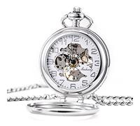 TREEWETO Steampunk - Reloj de bolsillo mecánico para hombres y mujeres, caja plateada, esfera de esqueleto con cadena y caja, plata, Retro