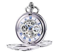 Treewo Reloj de Bolsillo Unisex con Cadena y Elevador de Mano analógico con Doble bisagra y Esqueleto de Bronce, 6. Plateado, 6. Plateado