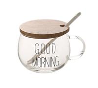 TREEWOO Buenos días taza transparente para café, postre, té con leche, yogur, taza redonda de vidrio con tapa de bambú y cuchara de cerámica de tulipanes (Letras Copa B)
