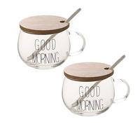 TREEWOO Good Morning - Juego de 2 tazas transparentes para café, postre, leche, té, yogur, taza redonda de vidrio con tapa de bambú, cuchara de cerámica de tulipán, apta para microondas y lavavajillas