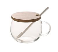 TREEWOO Good Morning - Taza transparente para café, postre, leche, té, yogur, taza redonda de vidrio con tapa de bambú, cuchara de cerámica de tulipán