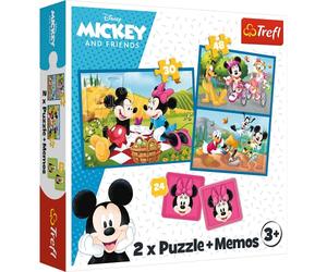 Trefl - Disney, Conoce a los Personajes Disney - 3en1: 2X Puzzles + Juego de Memoria, Puzzles con Personajes de Cuentos de Hadas, 30 y 48 Piezas, 24 Memorias, Mickey Mouse, a Partir de 3 Años de Edad