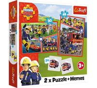 Trefl - Fireman Sam, el Equipo de Sam el Bombero - 3en1: 2X Puzzle + Juego de Memoria, Rompecabezas con Héroes del Cuento de Hadas Sam el Bombero, 24 Memos, Diversión para Niños a Partir de 3 Años