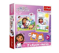 Trefl - Gabby's Dollhouse, Gabby con su Amigo gatuno - 3en1: 2X Puzle + Juego de Memoria, Puzle con los Personajes de la película, 30 y 48 Piezas, Distintos Grados de dificultad