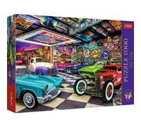 Trefl Premium Plus Quality - Puzzle Tea Time: Garaje de coleccionista de Coches - 1000 Piezas, Serie de imágenes nostálgicas de Pintura, para Adultos y niños a Partir de 12 años