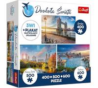 Trefl Juego de puzzle 3 en 1 - London Tower Bridge, Central Park New York y Puerto de Sydney - Puzzles de 400, 500 y 600 piezas para adultos y niños de 14 años o más