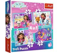 Trefl - Gabby's Dollhouse, La Gran Aventura de Gabby: Rompecabezas 4 en 1, 4 Rompecabezas, de 35 a 70 Piezas, Coloridos con Personajes de Cuentos de Hadas, diversión para niños a Partir de 4 años