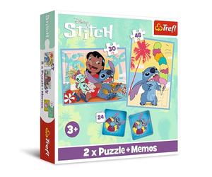 Trefl-Lilo&Stitch, día feliz de Lilo&Stitch, 3 en 1: 2x puzle+juego de memoria, puzle con los personajes de la película, 30 y 48 pieza, grados de dificultad, 24 pares de tarjetas de memoria, de 3 años