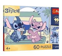 Trefl - Lilo y Stitch, juego de puntadas - rompecabezas de 60 piezas - rompecabezas coloridos de héroes de cuento de hadas, póster único, entretenimiento creativo, diversión para niños a partir de 4
