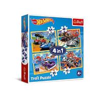 Trefl- Ruedas Calientes Hot Wheels 4en1, 4 Rompecabezas, de 35 a 70 Piezas-Puzle de Colores con los Coches Famosos, Distintos Grados de dificultad, para niños a Partir de 4 años, Multicolor (34627)