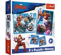 Trefl-3en1: 2X Juego de Memoria, Superhéroes, 30 y 48 Piezas, Grado de Dificultad, 24 Memos, Diversión para Niños a Partir de 3 Años Puzzle, Color Marvel The Avengers, héroes en acción (93333)