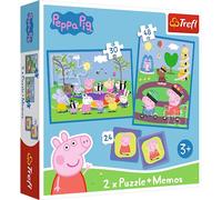 Trefl - Peppa Pig, Tiempos Felices con Peppa Pig - 3en1: 2X Puzzles + Juego de Memoria, 30 y 48 Piezas, Diferentes Niveles de Dificultad, 24 Memorias, para Niños a Partir de 3 años