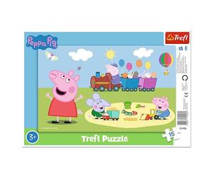 Trefl - Peppa Pig, Tren Alegre - Puzzles de Marco para Niños Pequeños, 15 Piezas Grandes, Marco y Almohadilla Rígida, con Personajes de Peppa Pig, para Niños a Partir de 3 Años