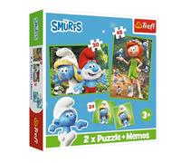 Trefl. Pitufos, diversión pitufa. 3 en 1: 2 puzles + Juego de Memoria, 30 y 48 Piezas, Distintos Grados de dificultad, 24 Pares de Tarjetas de Memoria. Juego para niñas y niños a Partir de 3 años.