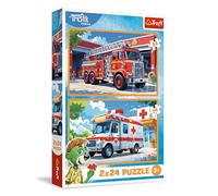 Trefl Puzle 2 en 1: The Treflik Family, Coche de Bomberos y Ambulancia-2 x 24 Piezas, Set de Dos Rompecabezas niños a Partir de 3 años, Multicolor (34447)