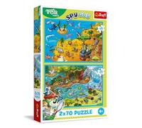 Trefl - Puzle 2 en 1: The Treflik Family, La Familia Treflik en el Reino de los Animales - 2 x 70 Piezas, Set de Dos Rompecabezas para niñas y niños a Partir de 4 años
