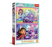Trefl - Puzle 2en1: Gabby's Dollhouse, Jugando con Gabby - Puzle 2en1: Marvel, Spidey and his Amazing Friends, Spidey y los dinosaurios - 2 x 24 piezas, set de dos puzles para niños a partir de 3 años