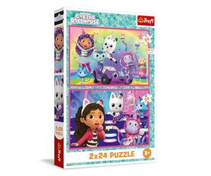 Trefl - Puzle 2en1: Gabby's Dollhouse, Jugando con Gabby - Puzle 2en1: Marvel, Spidey and his Amazing Friends, Spidey y los dinosaurios - 2 x 24 piezas, set de dos puzles para niños a partir de 3 años