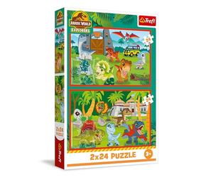Trefl - Puzle 2en1: Jurassic World, Pequeños dinosaurios - Puzle 2en1: Marvel, Spidey and his Amazing Friends, Spidey y los dinosaurios - 2 x 24 piezas, set de dos puzles para niños a partir de 3 años