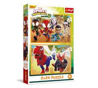 Trefl - Puzle 2en1: Marvel, Spidey and His Amazing Friends, Spidey y los Dinosaurios - 2 x 24 Piezas, Set de Dos puzles para niños a Partir de 3 años