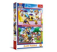 Trefl - Puzle 2en1: Paw Patrol, Día de Juegos de los Perros - Puzle 2en1: Marvel, Spidey y los Dinosaurios - 2 x 24 Piezas, Set de Dos puzles para niños a Partir de 3 años