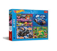 Trefl Puzle 4en1: Hot Wheels, Coches de Carrera-4 x 250 Piezas-Set de Cuatro Rompecabezas para Adolescentes, Multicolor (13312)