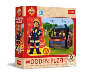 Trefl - Puzle de Madera: Fireman Sam, Un Bombero increíble - 24 Piezas, Rompecabezas Wooden Puzzle, Diseño Decorativo en el Reverso, para niños a Partir de 3 años