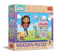Trefl - Puzle de Madera: Gabby's Dollhouse, La Alegre Gabby con Amigos - 24 Piezas, Rompecabezas Wooden Puzze, Bordes Redondeados, Diseño Decorativo en el Reverso, para niños a Partir de 3 años