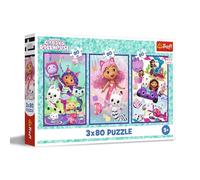 Trefl - Puzzle 3en1: Gabby's Dollhouse, Días de Colores con Gabby - 3 x 80 Piezas, Set de Tres puzles para niños a Partir de 5 años