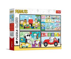 Trefl - Puzzle 4 en 1: Peanuts, Las Aventuras de Peanuts - 4 x 250 Piezas - Set de Cuatro Rompecabezas para Adolescentes