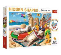 Trefl - Puzzle Hidden Shapes, Vacaciones de Gato - 1000 + 11 Piezas, Encuentra Rompecabezas, Formas Ocultas, Rompecabezas Inusual, Verano, Playa, Gatos, Pasatiempo Creativo