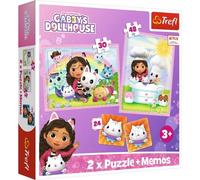 Trefl - Gabby's Dollhouse, Gabby con su Amigo gatuno - 3en1: 2X Puzle + Juego de Memoria, Puzle con los Personajes de la película, 30 y 48 Piezas, Distintos Grados de dificultad