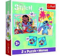 Trefl-Lilo&Stitch, día feliz de Lilo&Stitch, 3 en 1: 2x puzle+juego de memoria, puzle con los personajes de la película, 30 y 48 pieza, grados de dificultad, 24 pares de tarjetas de memoria, de 3 años