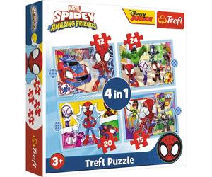 Trefl - Spidey and His Amazing Friends, Spidey's Team - Puzzles 4 en 1, 4 Puzzles de 12 a 24 Piezas - Puzzles con los Héroes Marvel Spidey y Super Buddies, para Niños a Partir de 3 años