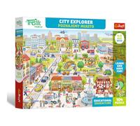Trefl - The Treflik Family, Descubrimos la Ciudad / City Explorer | 104 piezas - Rompecabezas educativo, con leyendas en inglés, para niños a partir de 4 años