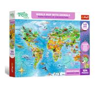 Trefl - The Treflik Family, mapamundi con Animales / World Map with Animals | 104 piezas - Rompecabezas educativo, con leyendas en inglés, para niños a partir de 4 años